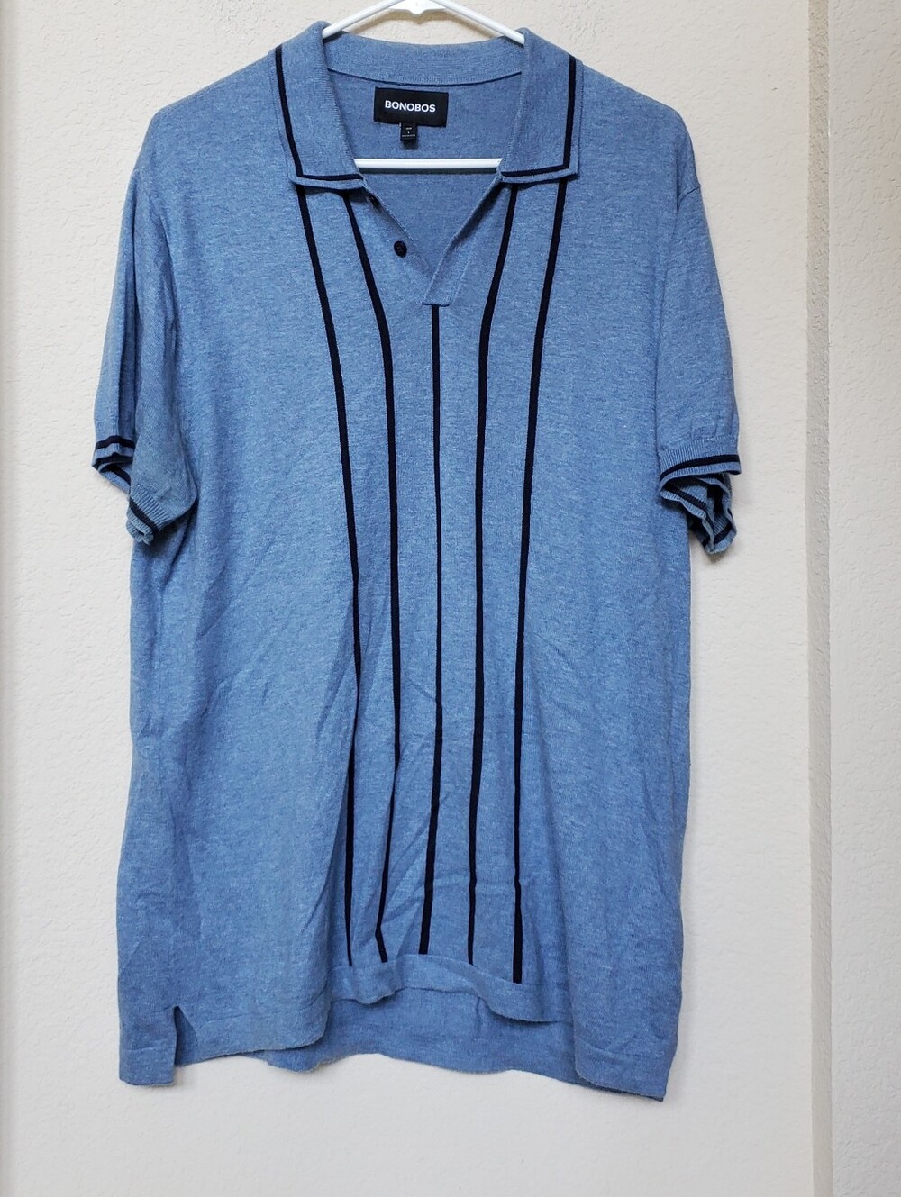 Bonobos Blue Slim Polo with Navy Vertical Stripe Detail. Size Large
